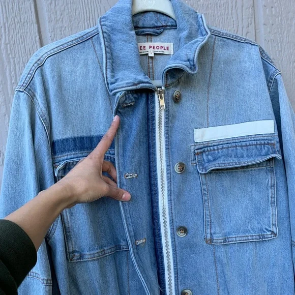 Free People oversized raw, flared hem denim jean jacket, adjustable cinch waist - Picture 12 of 16